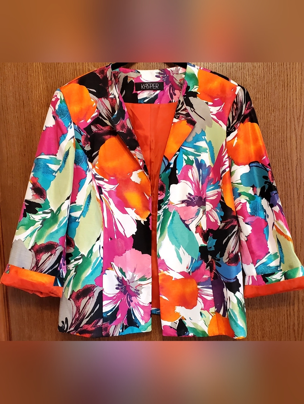 Kasper Bright Floral Open Front Blazer in Orange, Pink, Teal and Black Size 12